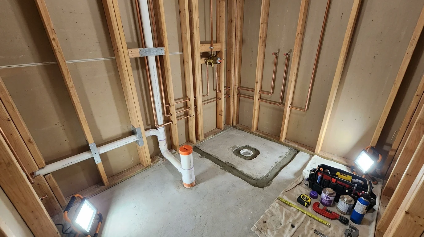 Bathroom rough-in plumbing during remodel by Johns Plumbing LLC in Coplay