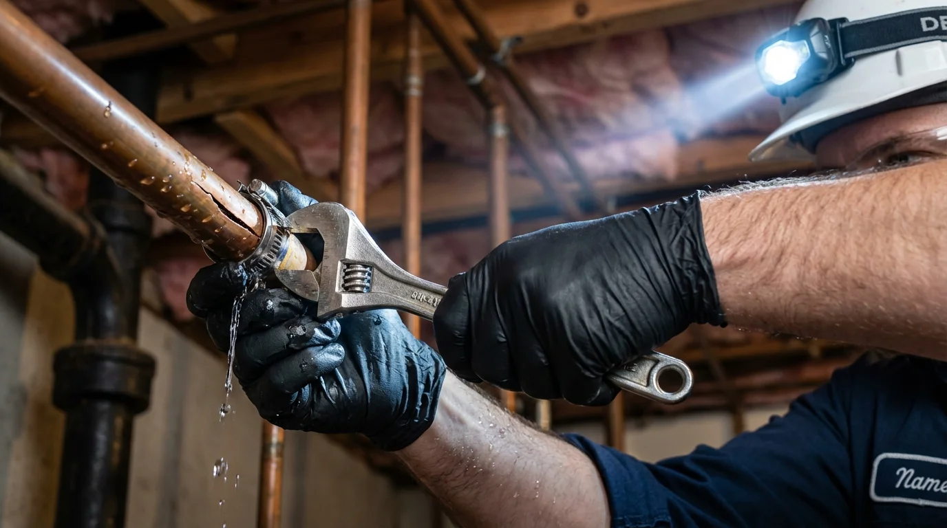 Emergency pipe clamp repair being performed by a Johns Plumbing LLC plumber in Coplay