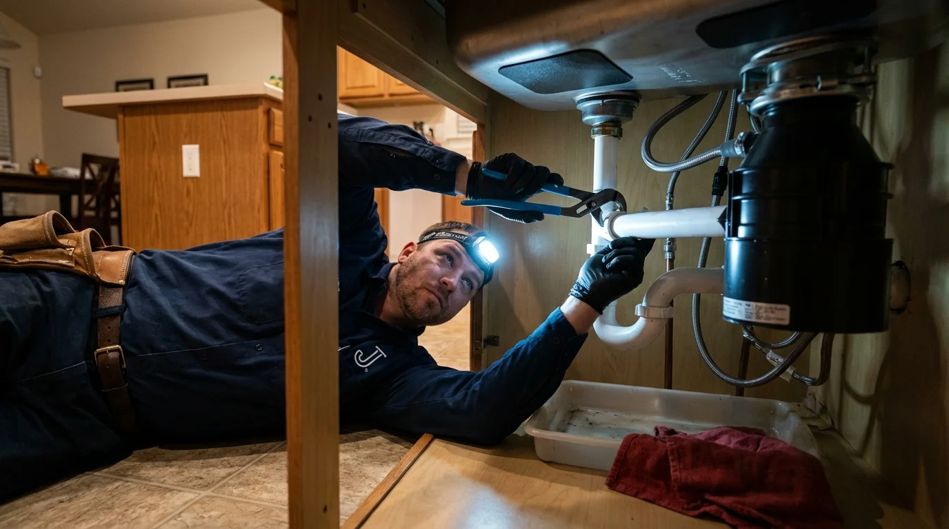 P-trap and supply line connections under a kitchen sink showing a common leak point in Coplay, PA